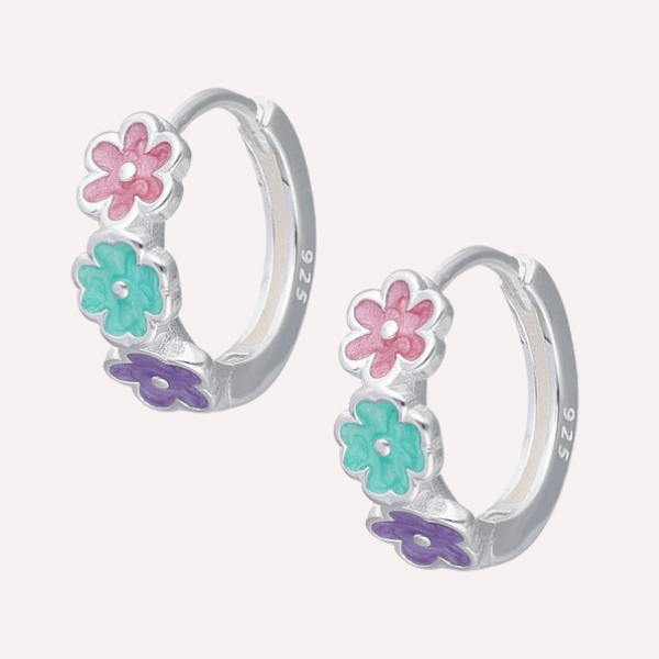 Aros Huggies Flor Esmaltada - Plata 925