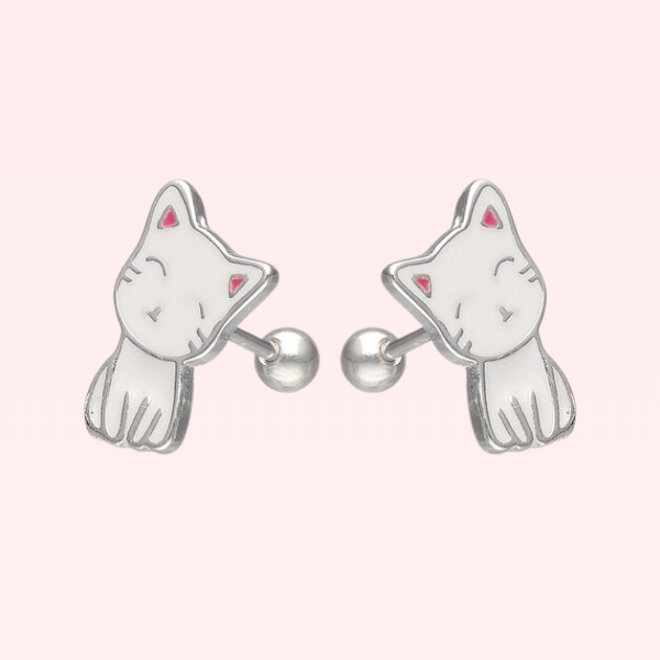 Aros gatito blanco con tornillo - Plata 925
