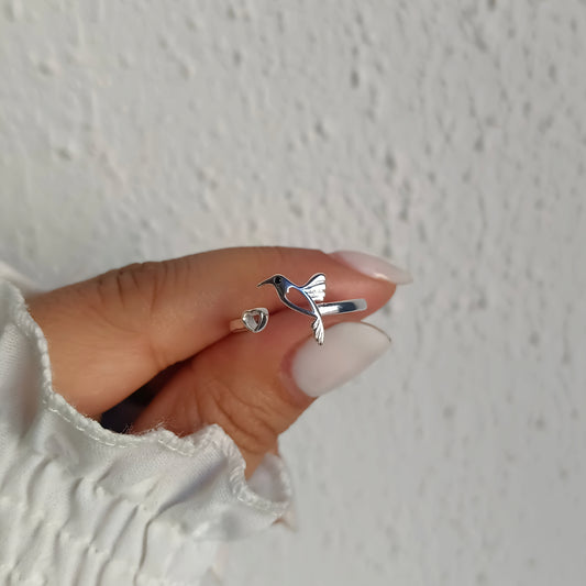 Anillo Colibrí & Corazón - Plata 925