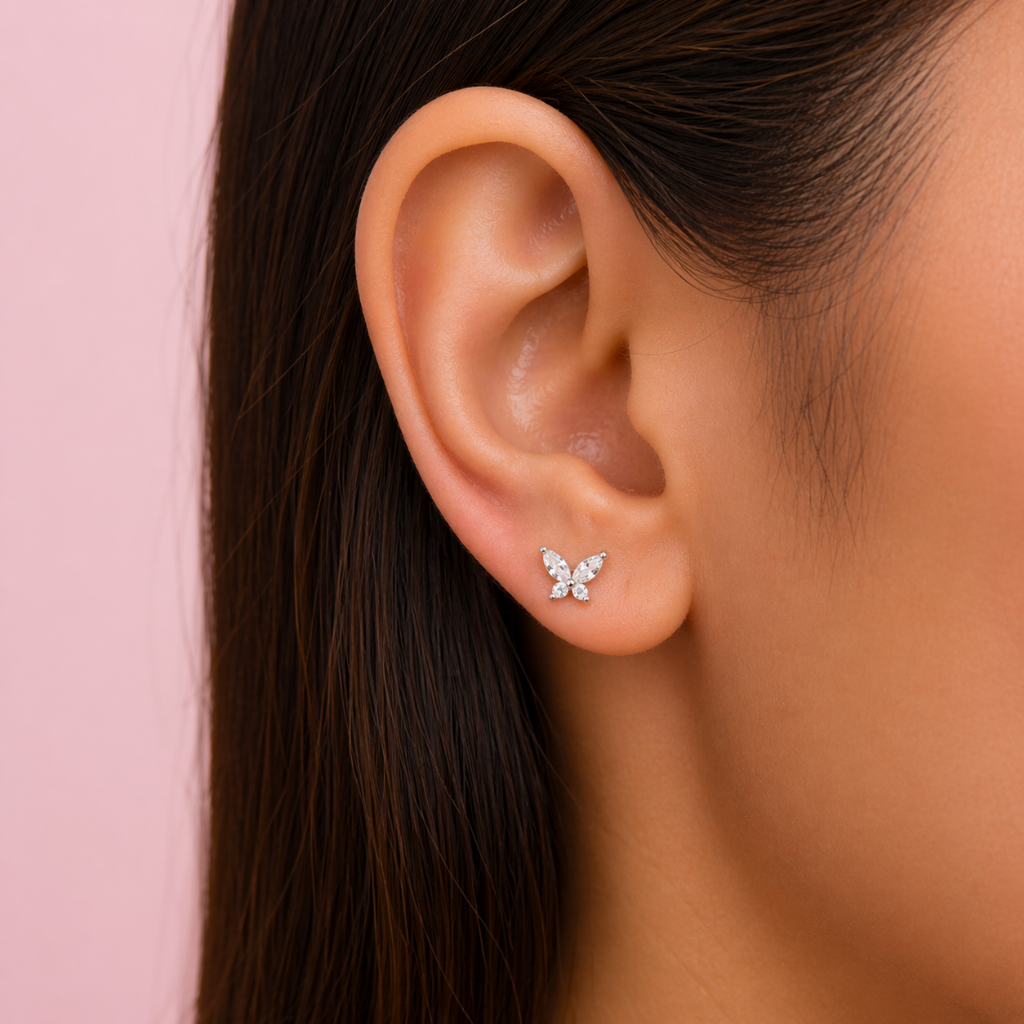 Piercing Mariposa con Circones - Plata 925 Tope Rosca Redonda