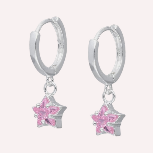 Aros Huggies con dije estrella y circón rosado - Plata 925