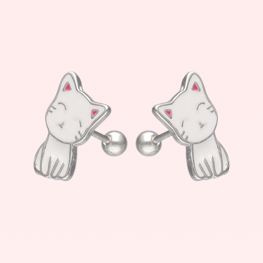 Aros gatito blanco con tornillo - Plata 925