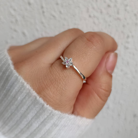 Anillo Flor circón rosa - Plata 925