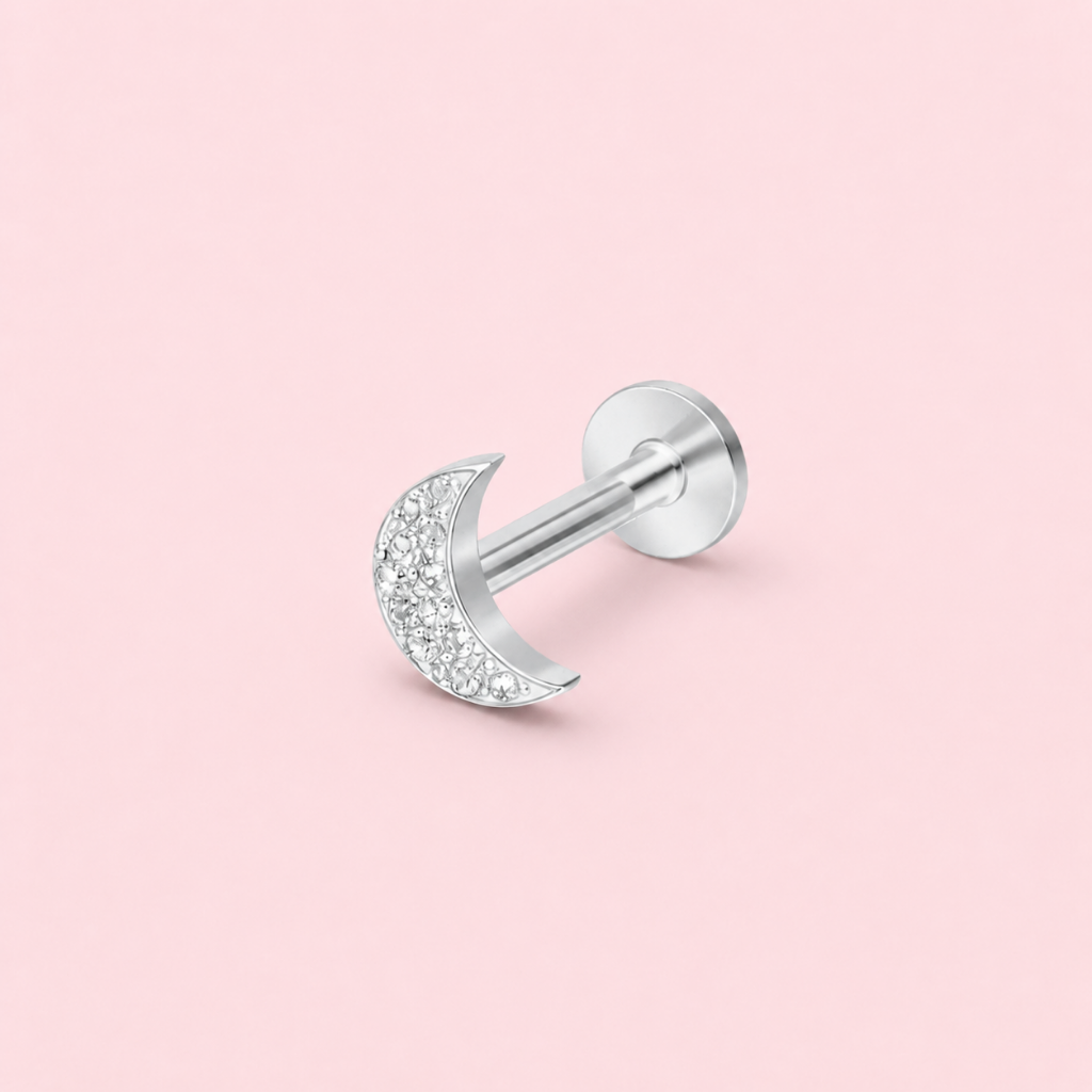 Piercing Luna Circón Plata 925 - Tope Plano Flat