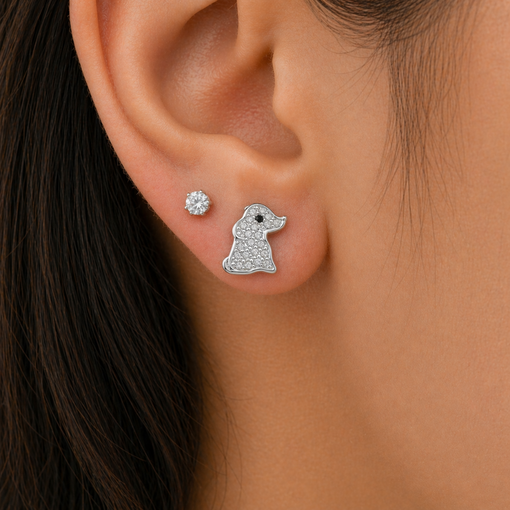 Piercing Oreja Perrito con Brillo tope plano — Plata 925