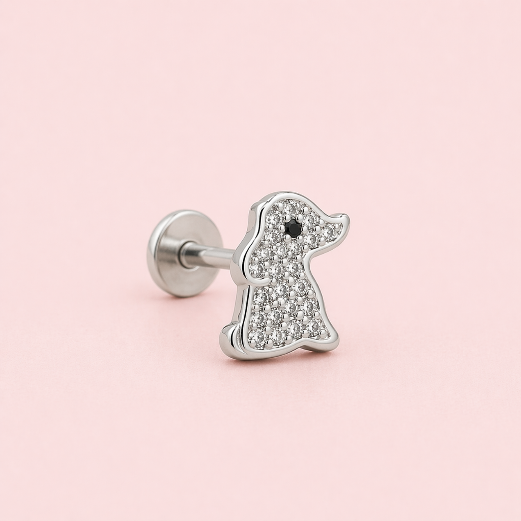 Piercing Oreja Perrito con Brillo tope plano — Plata 925