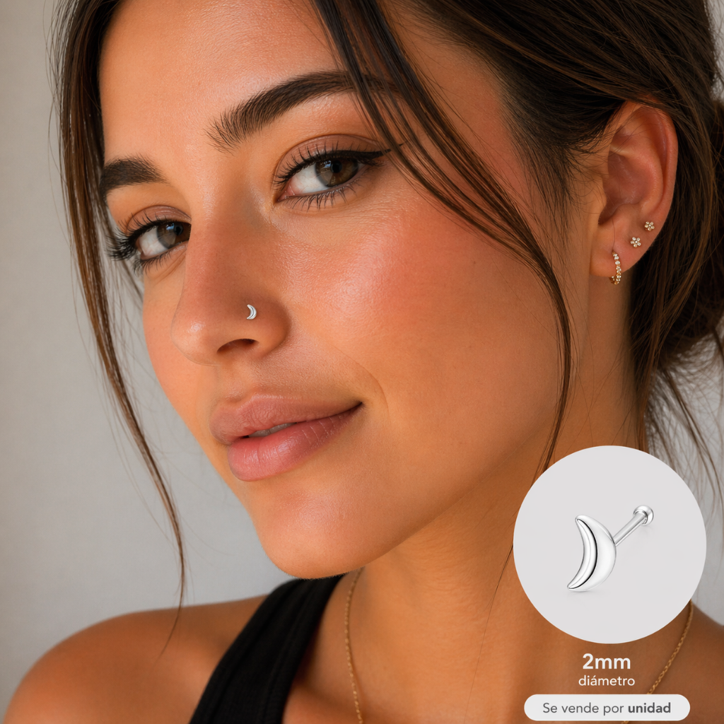 Piercing Nariz Luna con Tope — Plata 925